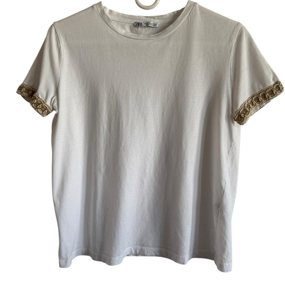 Zara White Tee w/ Embellished Sleeves, Size M - Picture 1 of 5